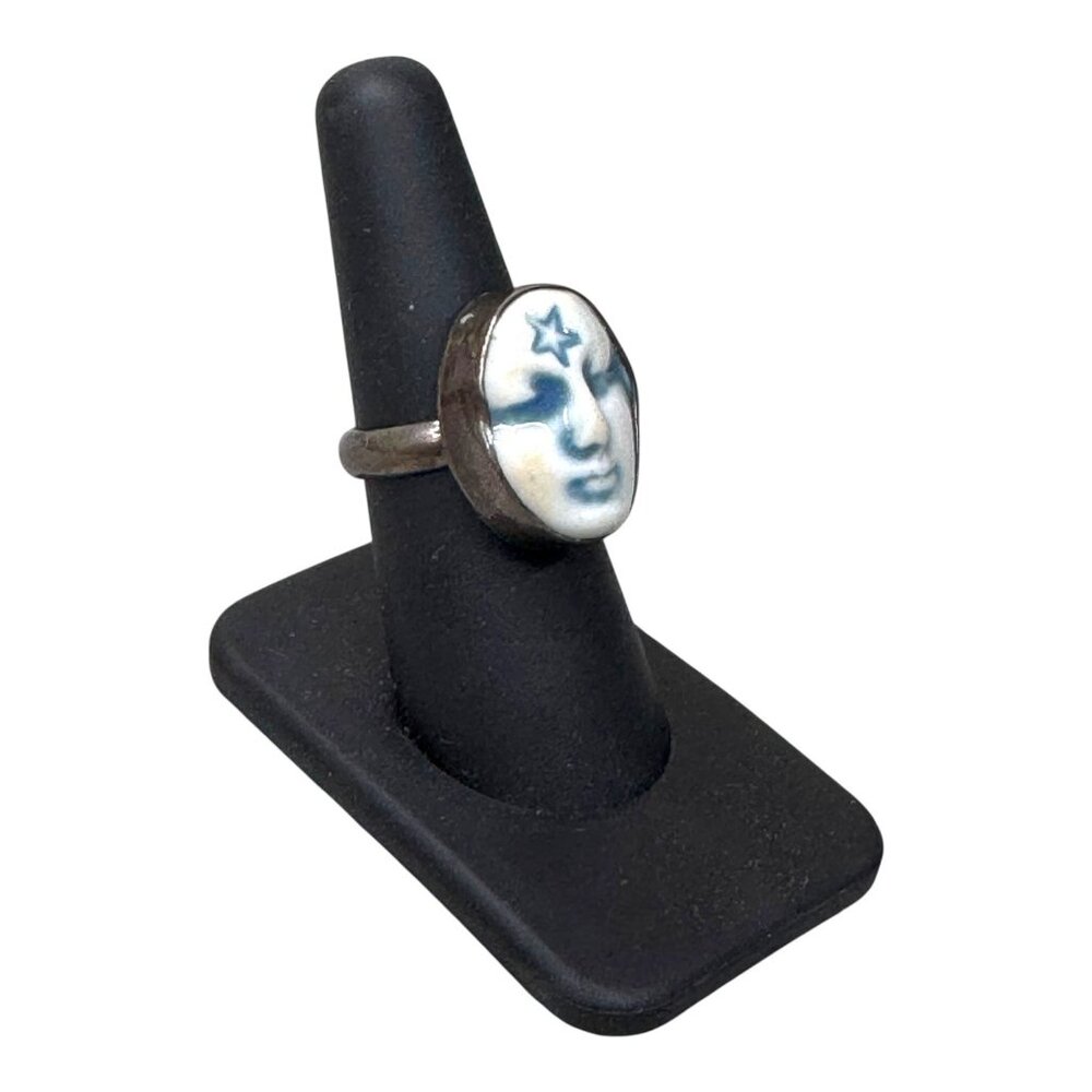 91 Artisan Mystical Celestial Ceramic Face Signed Sterling Silver Ring Star 6.75 - Picture 8 of 11